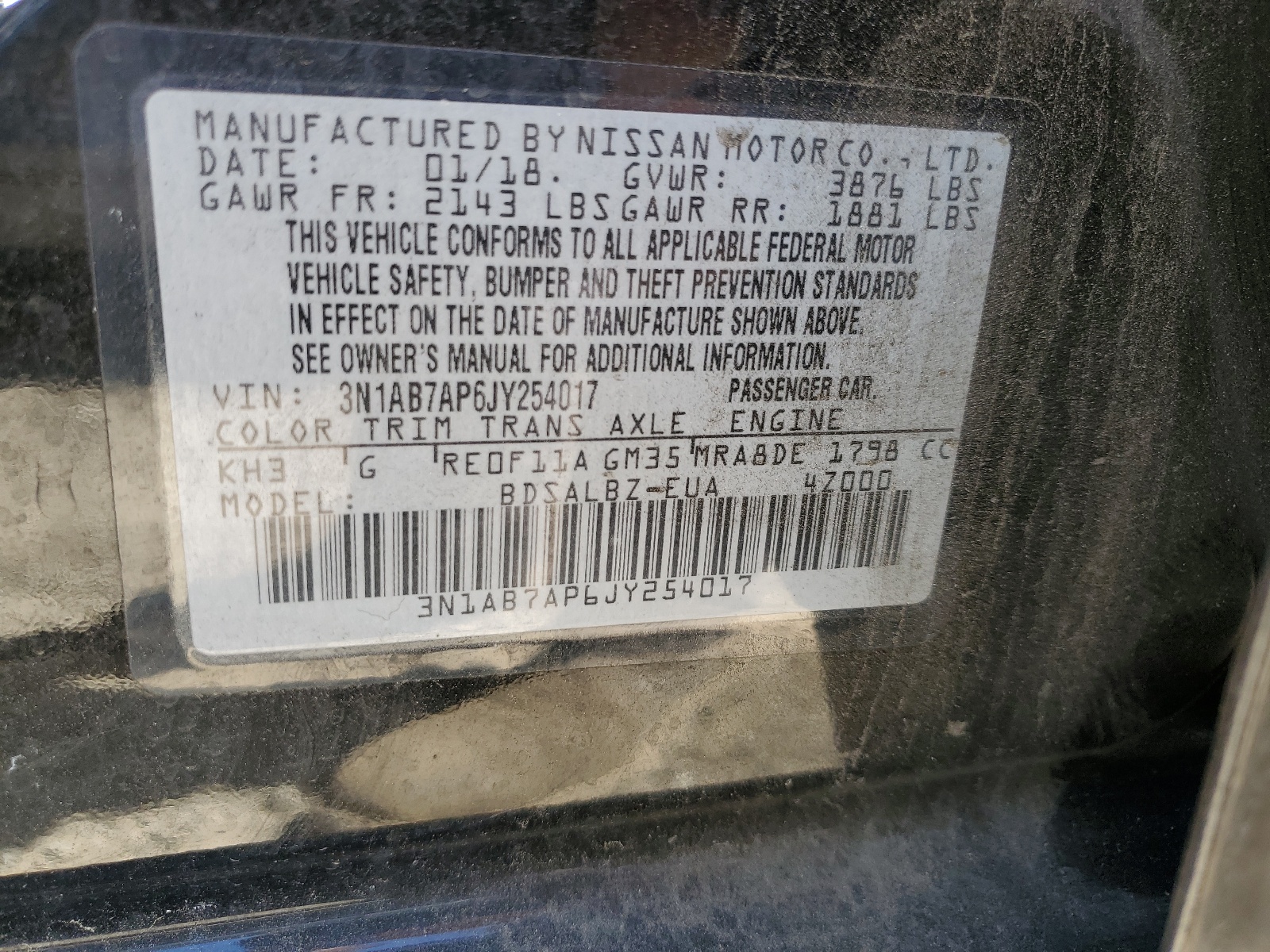 3N1AB7AP6JY254017 2018 Nissan Sentra S