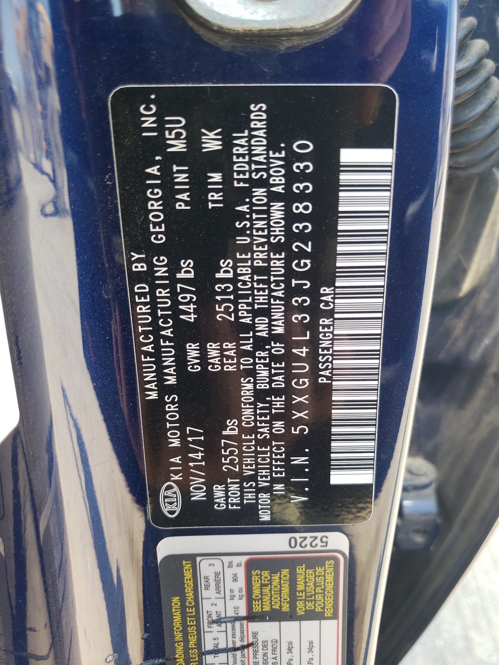 5XXGU4L33JG238330 2018 Kia Optima Ex