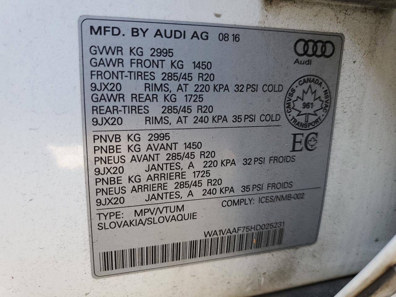 2017 Audi Q7 Prestige VIN: WA1VAAF75HD025231 Lot: 64467384