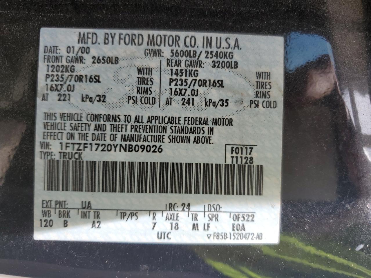 2000 Ford F150 VIN: 1FTZF1720YNB09026 Lot: 64015754