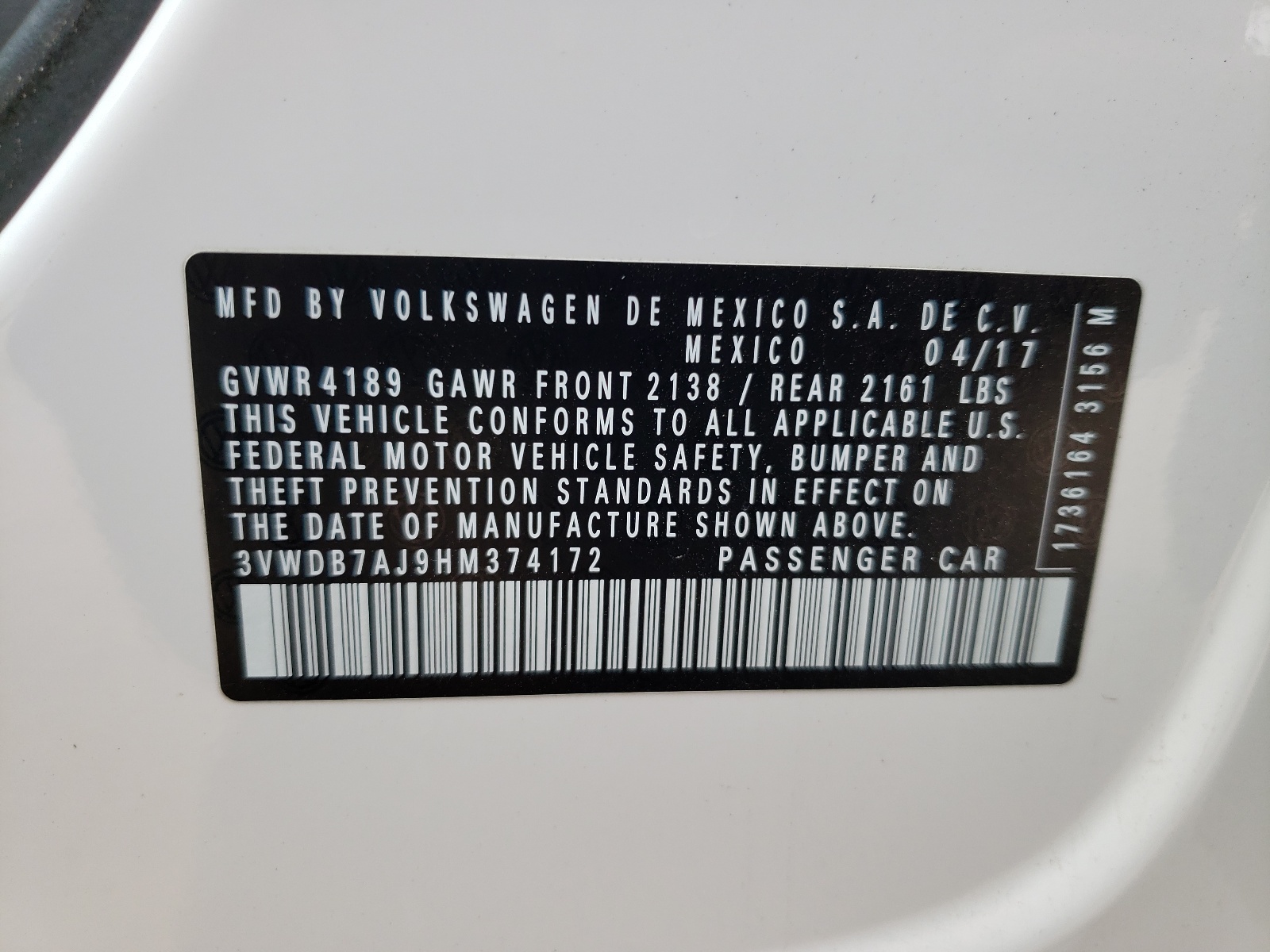 3VWDB7AJ9HM374172 2017 Volkswagen Jetta Se