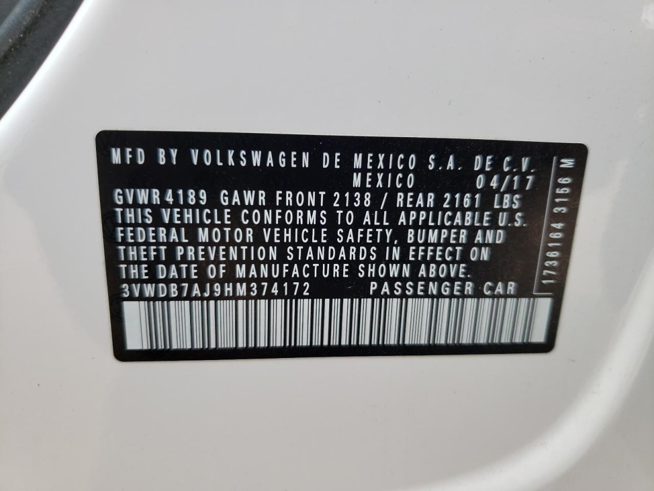 2017 Volkswagen Jetta Se VIN: 3VWDB7AJ9HM374172 Lot: 64498684