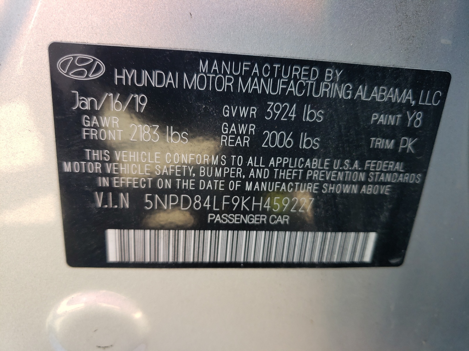 5NPD84LF9KH459227 2019 Hyundai Elantra Sel