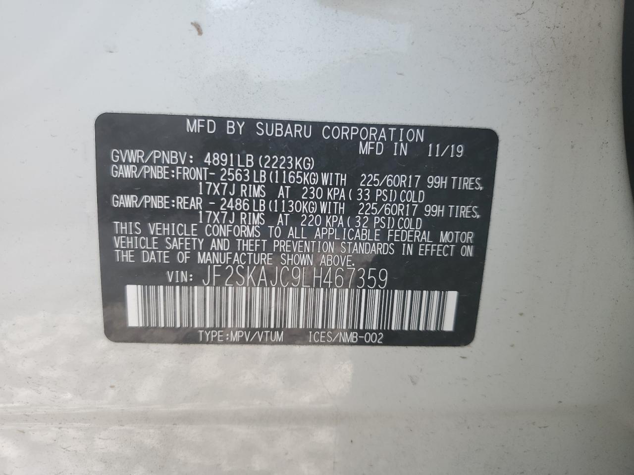 2020 Subaru Forester Premium VIN: JF2SKAJC9LH467359 Lot: 62539684