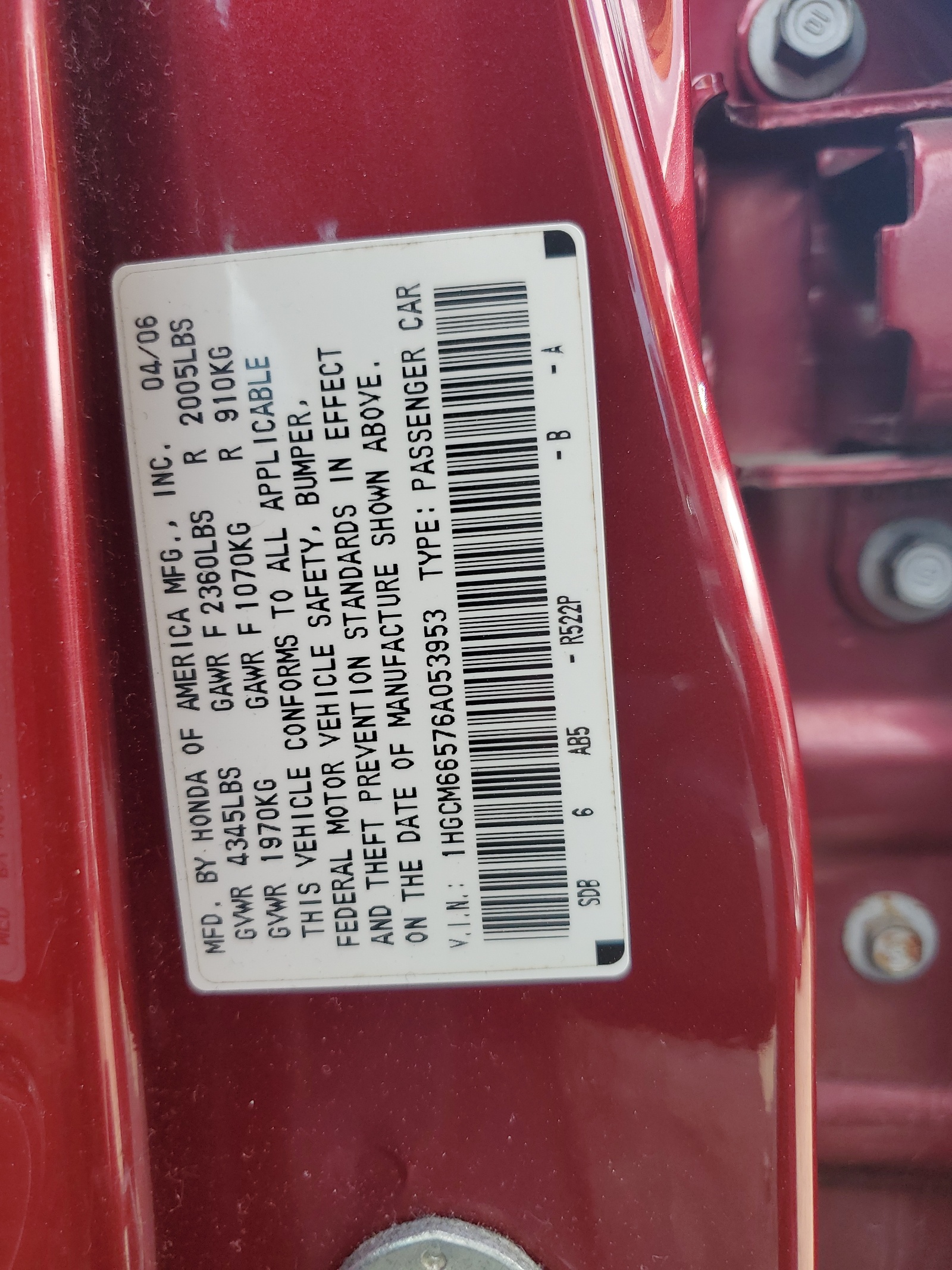 1HGCM66576A053953 2006 Honda Accord Ex