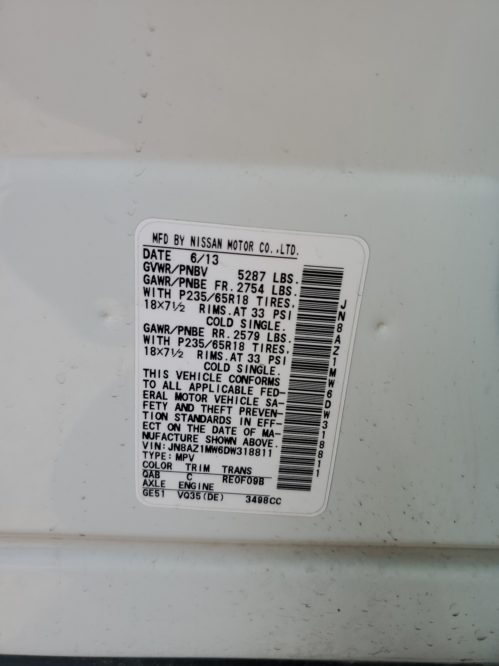 JN8AZ1MW6DW318811 2013 Nissan Murano S