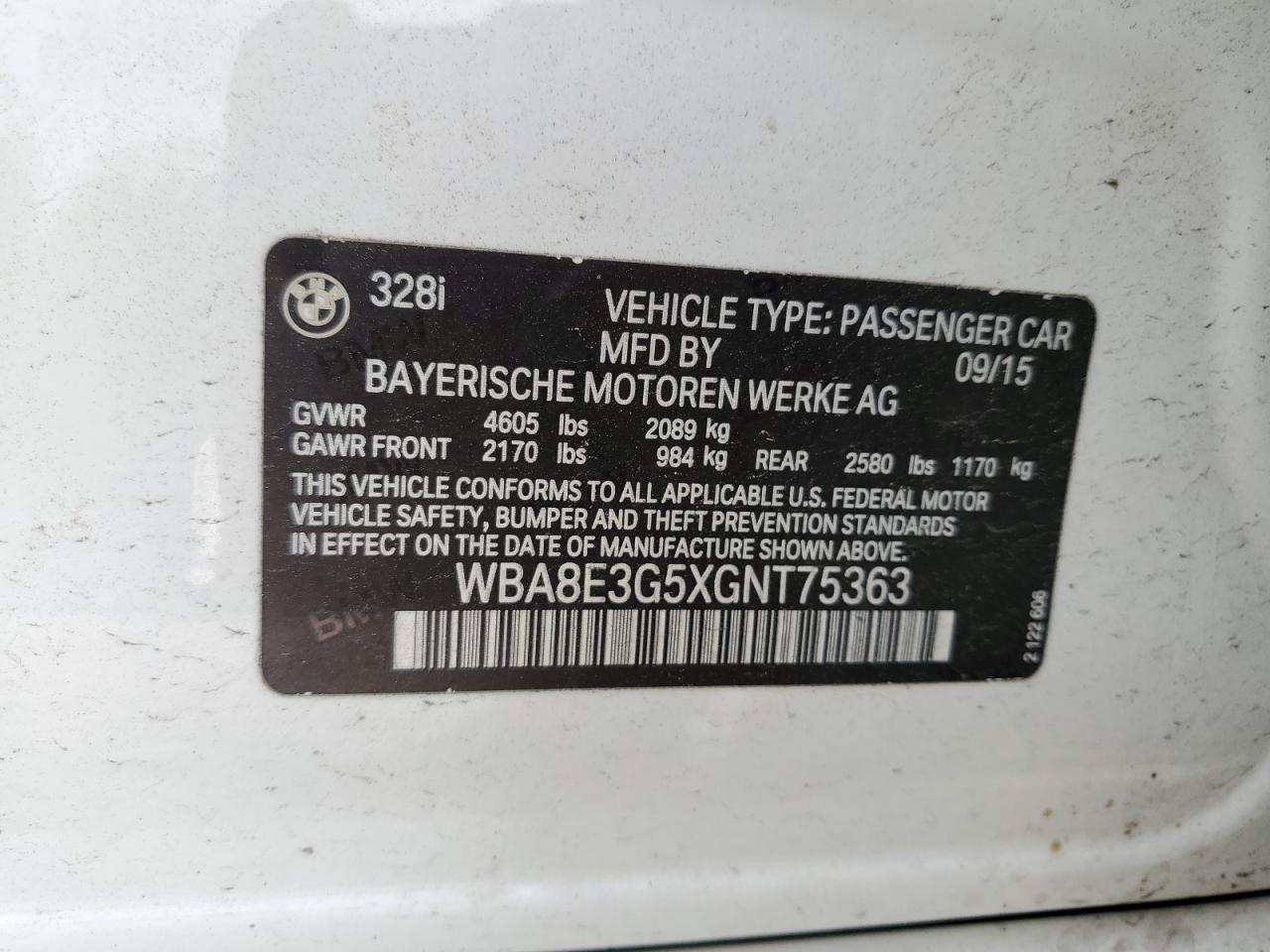 2016 BMW 328 Xi Sulev VIN: WBA8E3G5XGNT75363 Lot: 63770974