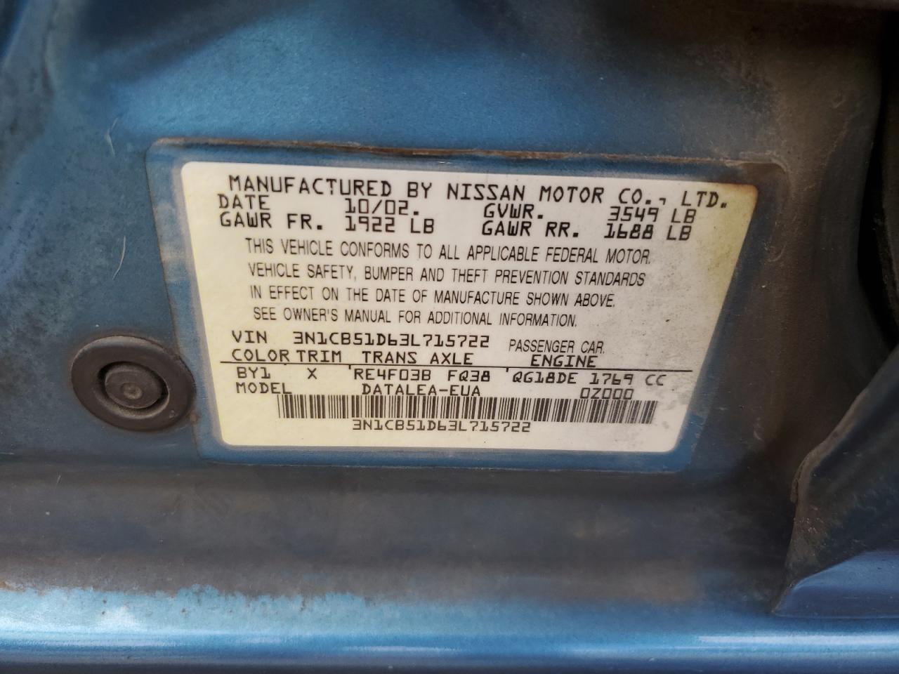 3N1CB51D63L715722 2003 Nissan Sentra Xe