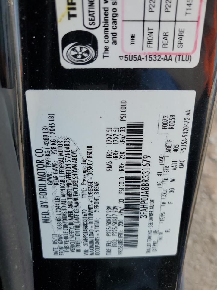 2011 Ford Fusion Sel VIN: 3FAHP0JA8BR331679 Lot: 64522604