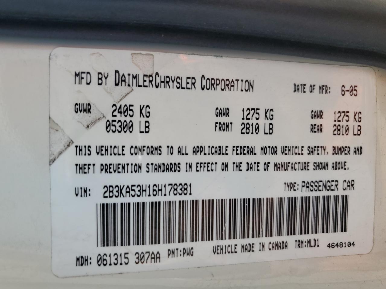 2006 Dodge Charger R/T VIN: 2B3KA53H16H178381 Lot: 61737584