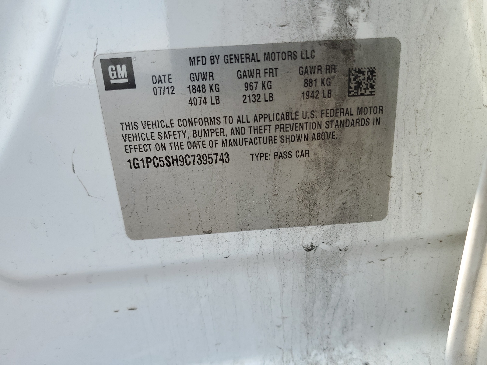 1G1PC5SH9C7395743 2012 Chevrolet Cruze Ls