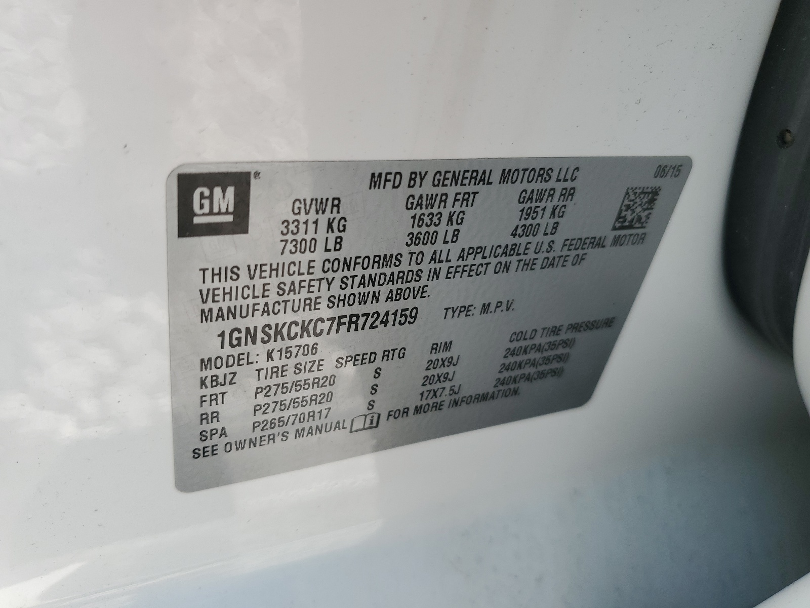 1GNSKCKC7FR724159 2015 Chevrolet Tahoe K1500 Ltz