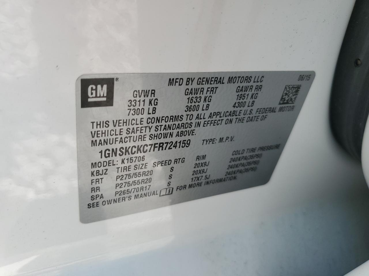 2015 Chevrolet Tahoe K1500 Ltz VIN: 1GNSKCKC7FR724159 Lot: 63384344