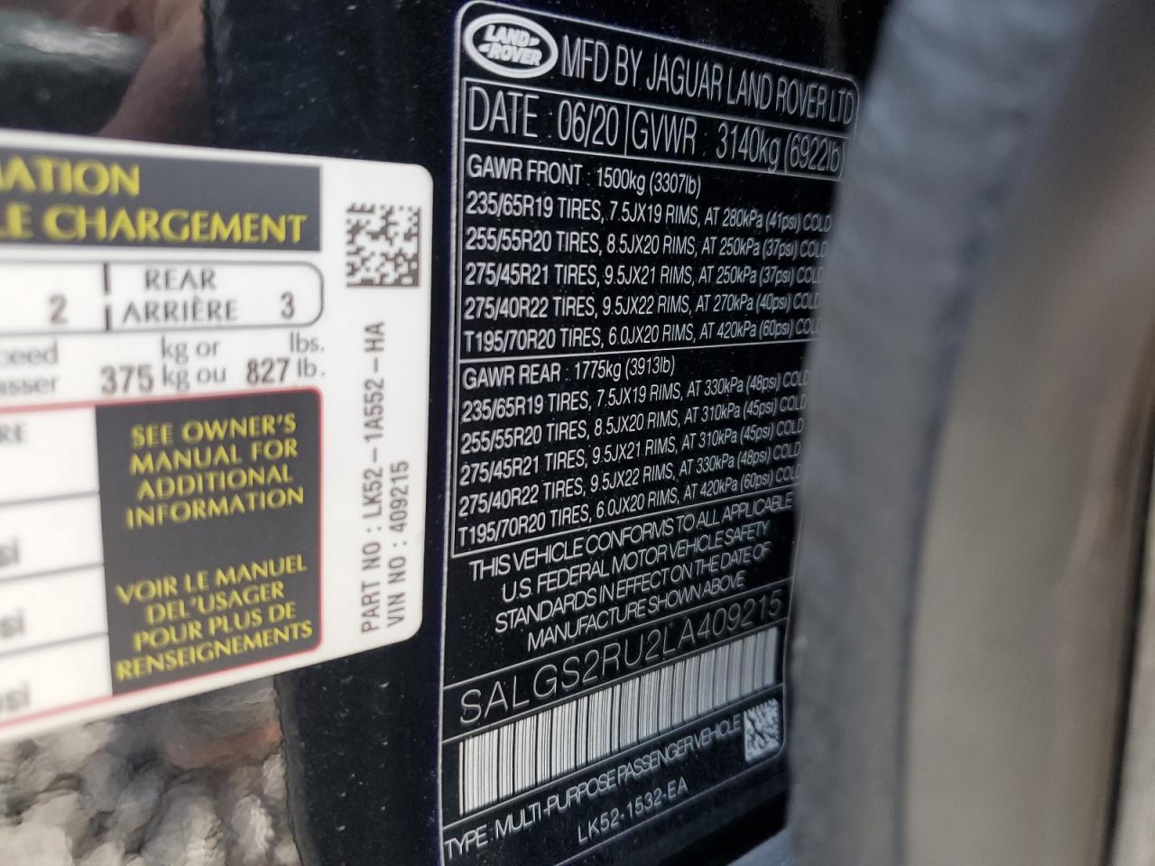 2020 Land Rover Range Rover Hse VIN: SALGS2RU2LA409215 Lot: 63706064