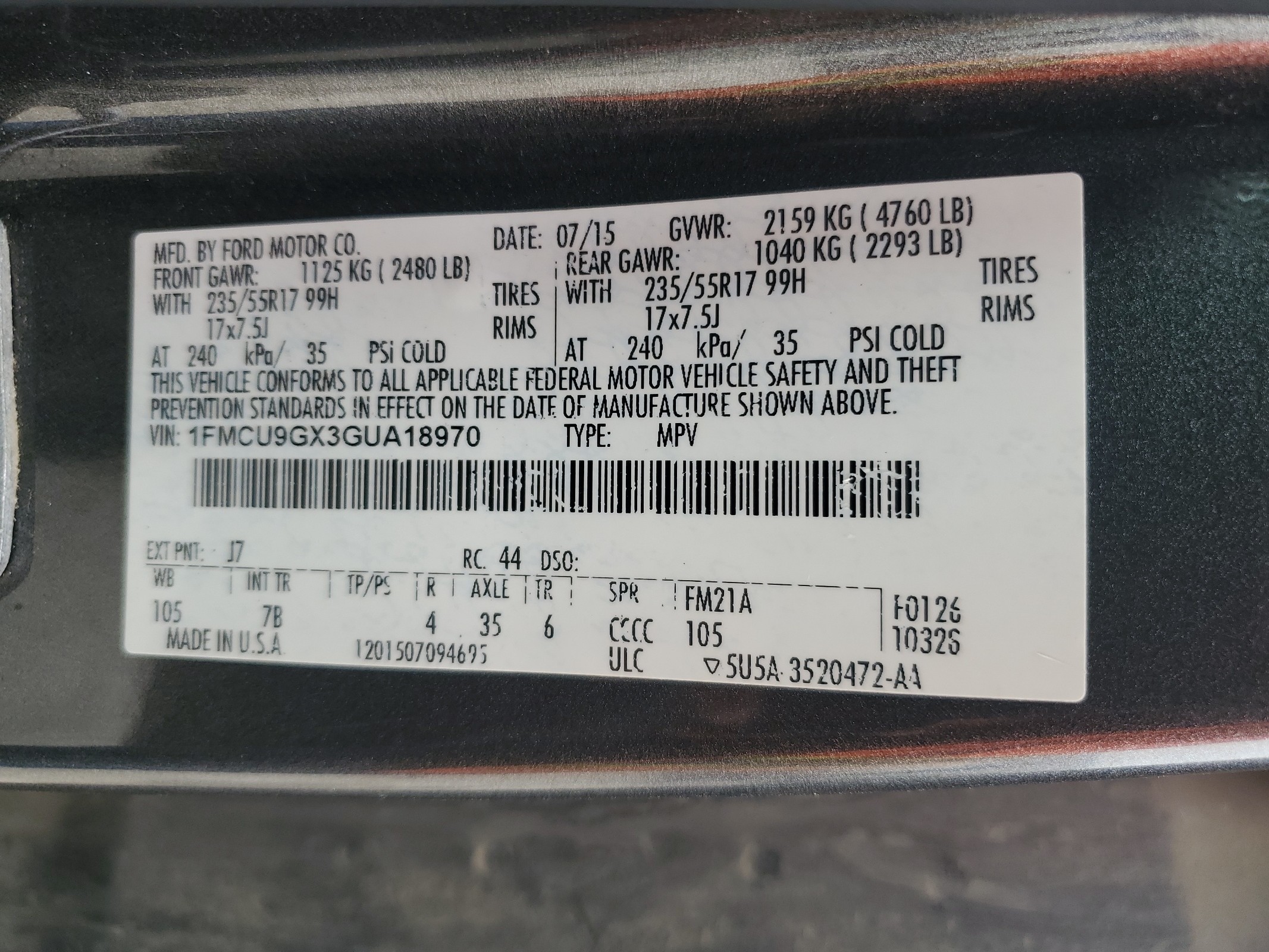 1FMCU9GX3GUA18970 2016 Ford Escape Se