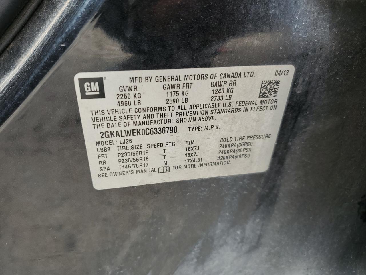 2012 GMC Terrain Slt VIN: 2GKALWEK0C6336790 Lot: 64276274