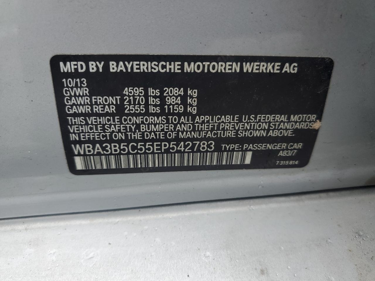 2014 BMW 328 Xi Sulev VIN: WBA3B5C55EP542783 Lot: 64255094