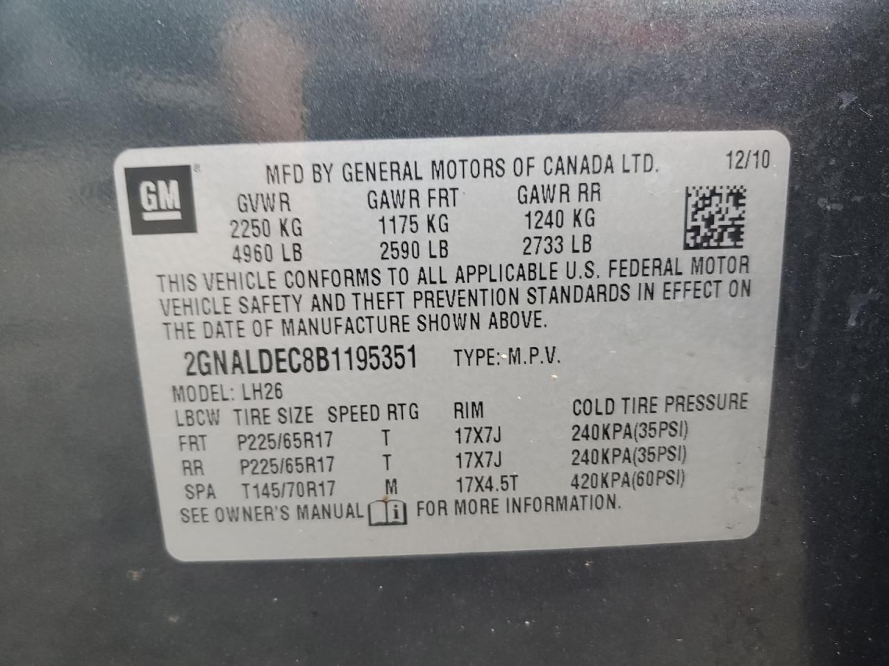 2011 Chevrolet Equinox Lt VIN: 2GNALDEC8B1195351 Lot: 64380794