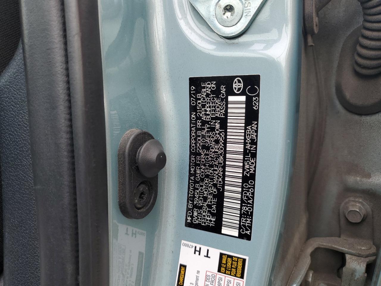 2019 Toyota Prius VIN: JTDKARFU8K3099561 Lot: 64452094