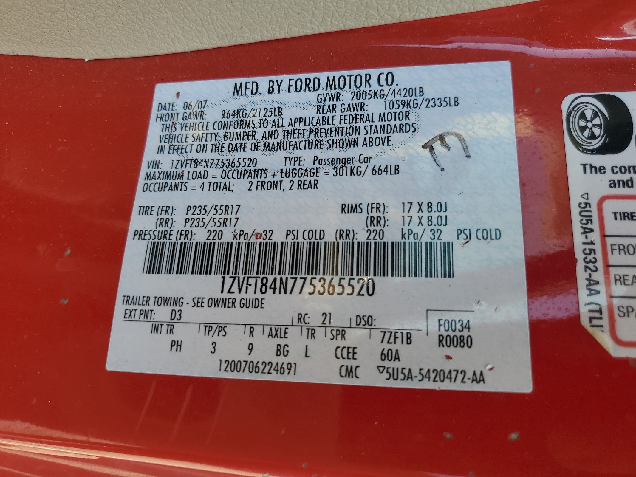 1ZVFT84N775365520 2007 Ford Mustang