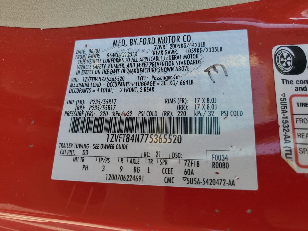 2007 Ford Mustang VIN: 1ZVFT84N775365520 Lot: 63424964
