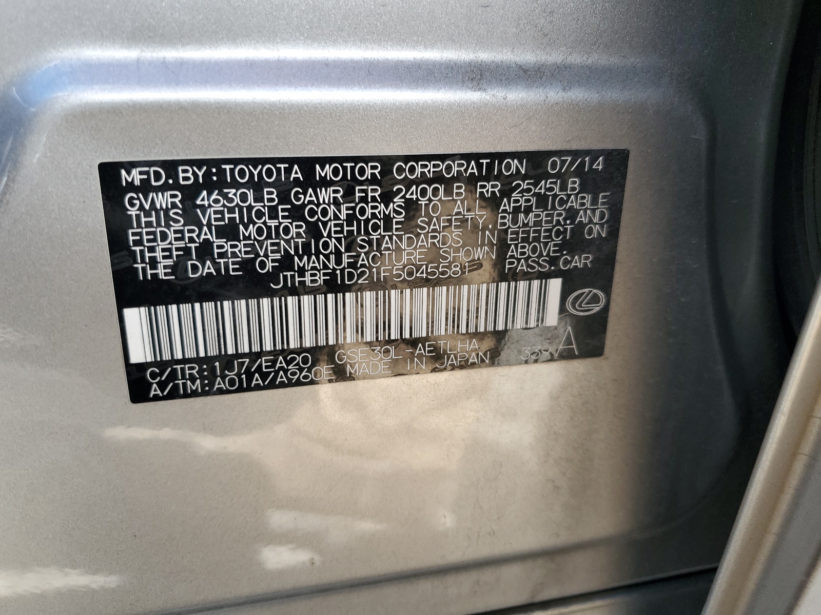 JTHBF1D21F5045581 2015 Lexus Is 250