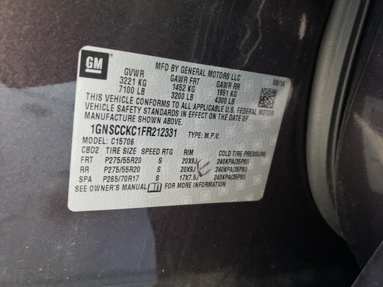 2015 Chevrolet Tahoe C1500 Ltz VIN: 1GNSCCKC1FR212331 Lot: 62859274