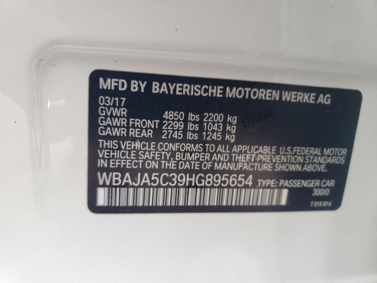 2017 BMW 530 I VIN: WBAJA5C39HG895654 Lot: 62766774