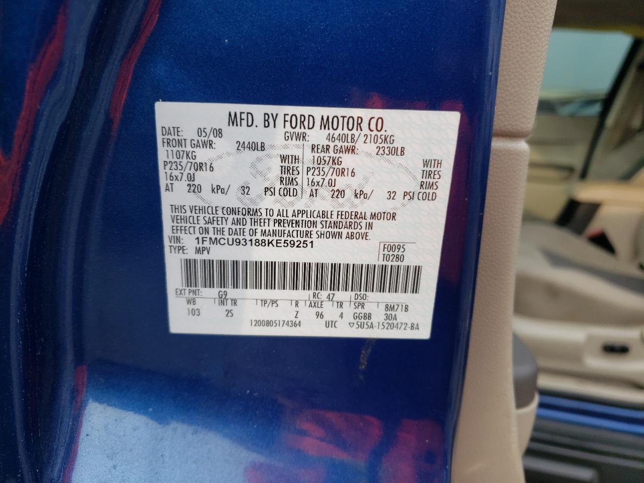 2008 Ford Escape Xlt VIN: 1FMCU93188KE59251 Lot: 64308164