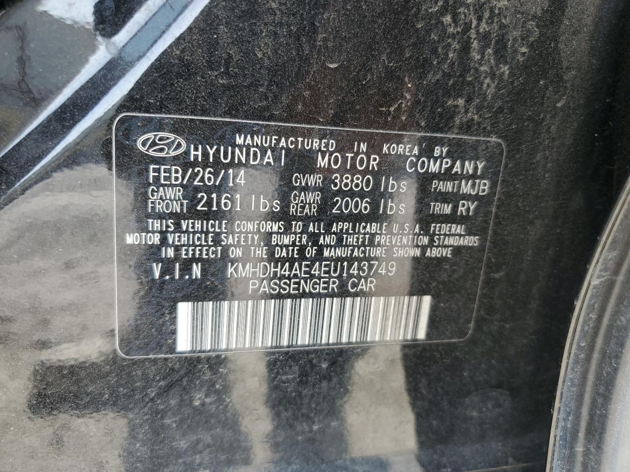 2014 Hyundai Elantra Se VIN: KMHDH4AE4EU143749 Lot: 62675874