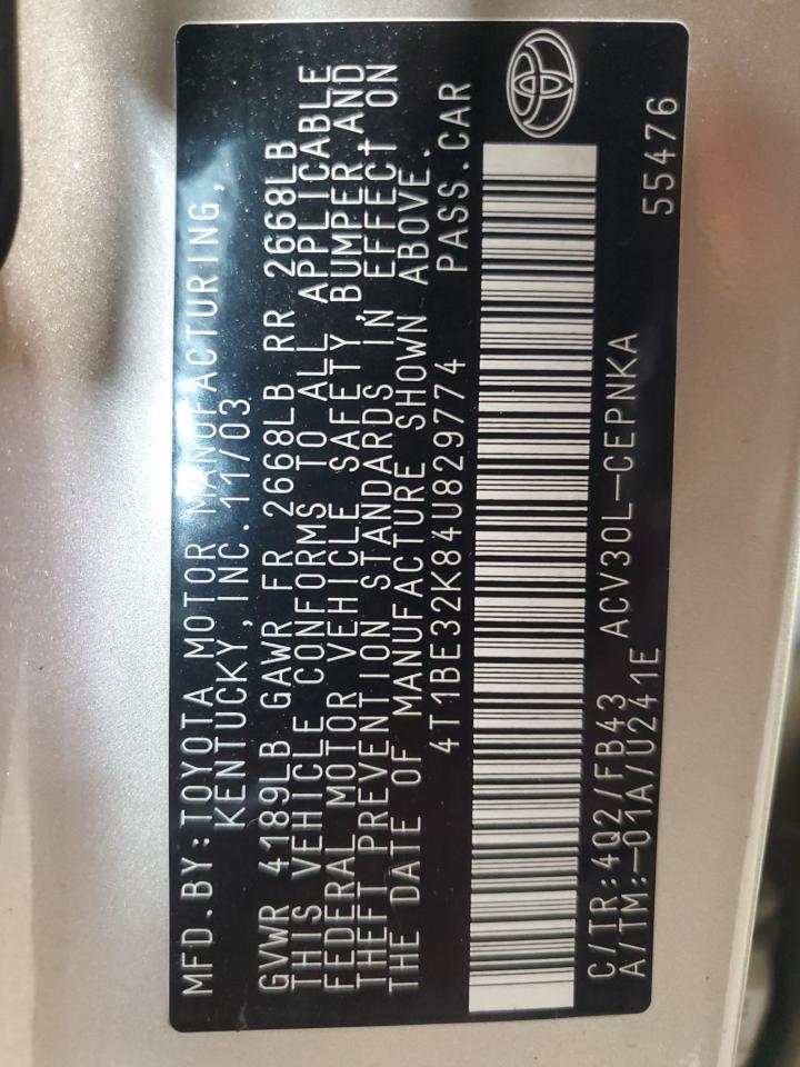 2004 Toyota Camry Le VIN: 4T1BE32K84U829774 Lot: 64134764