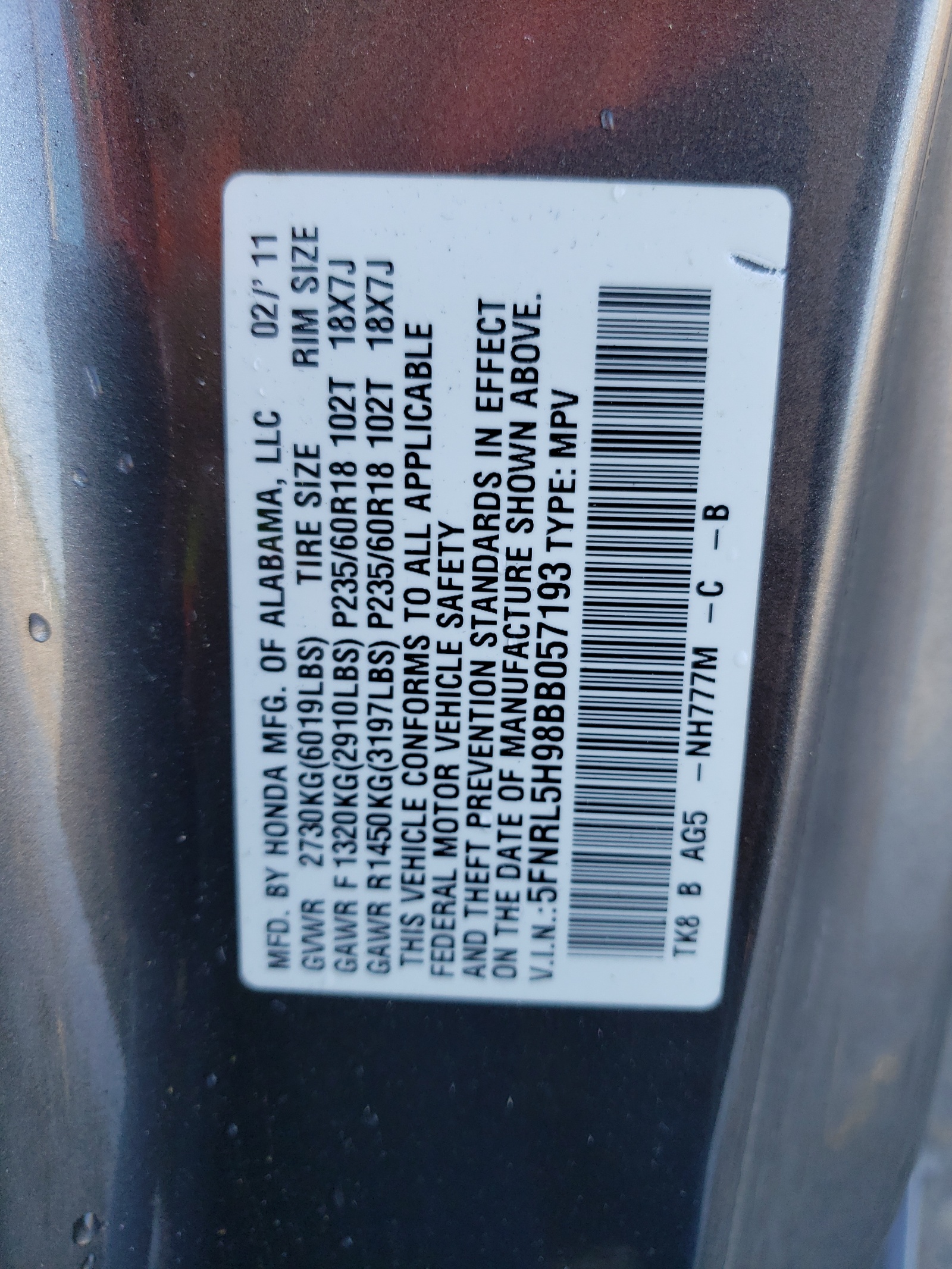 5FNRL5H98BB057193 2011 Honda Odyssey Touring