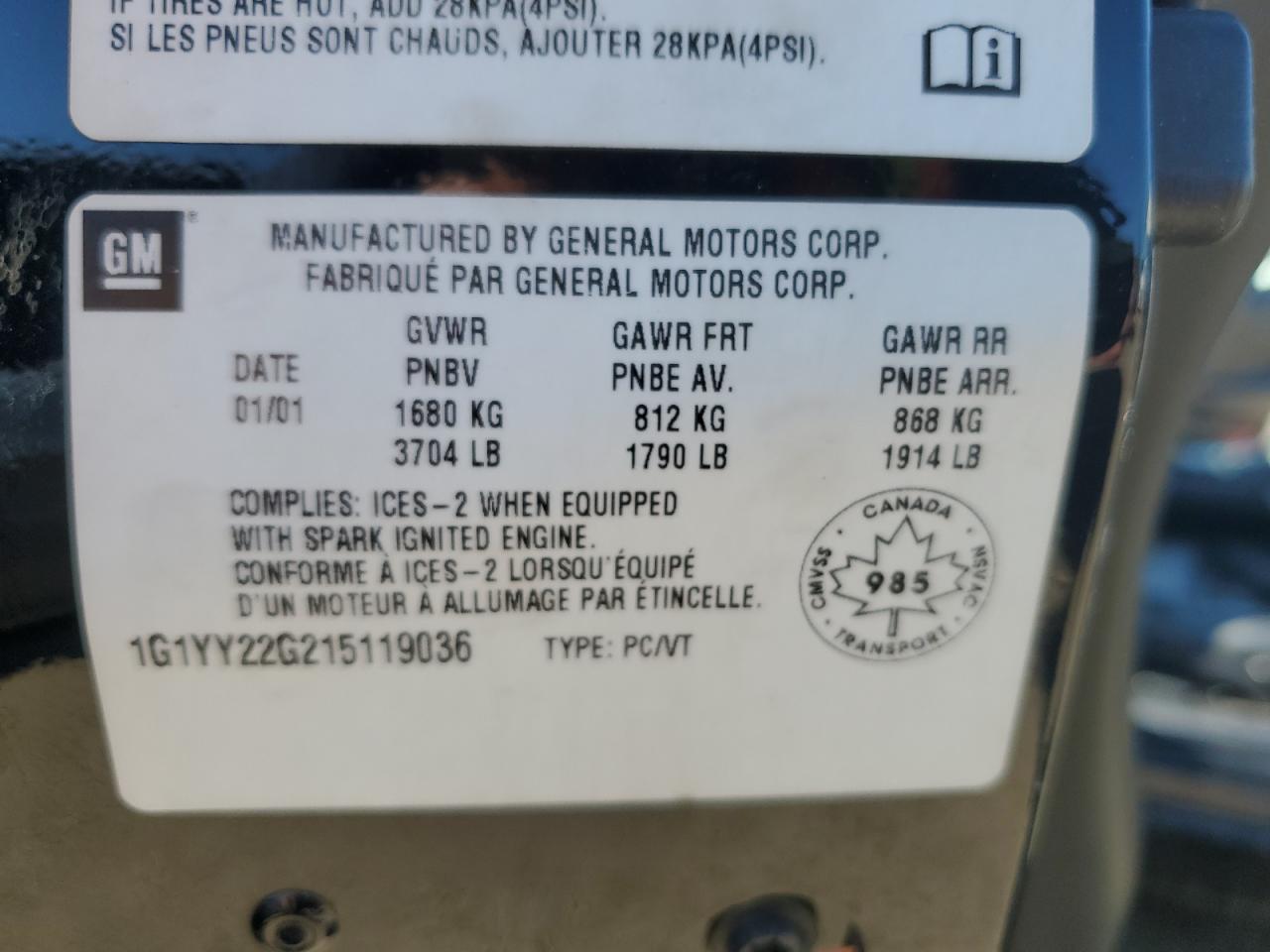 2001 Chevrolet Corvette VIN: 1G1YY22G215119036 Lot: 62185334