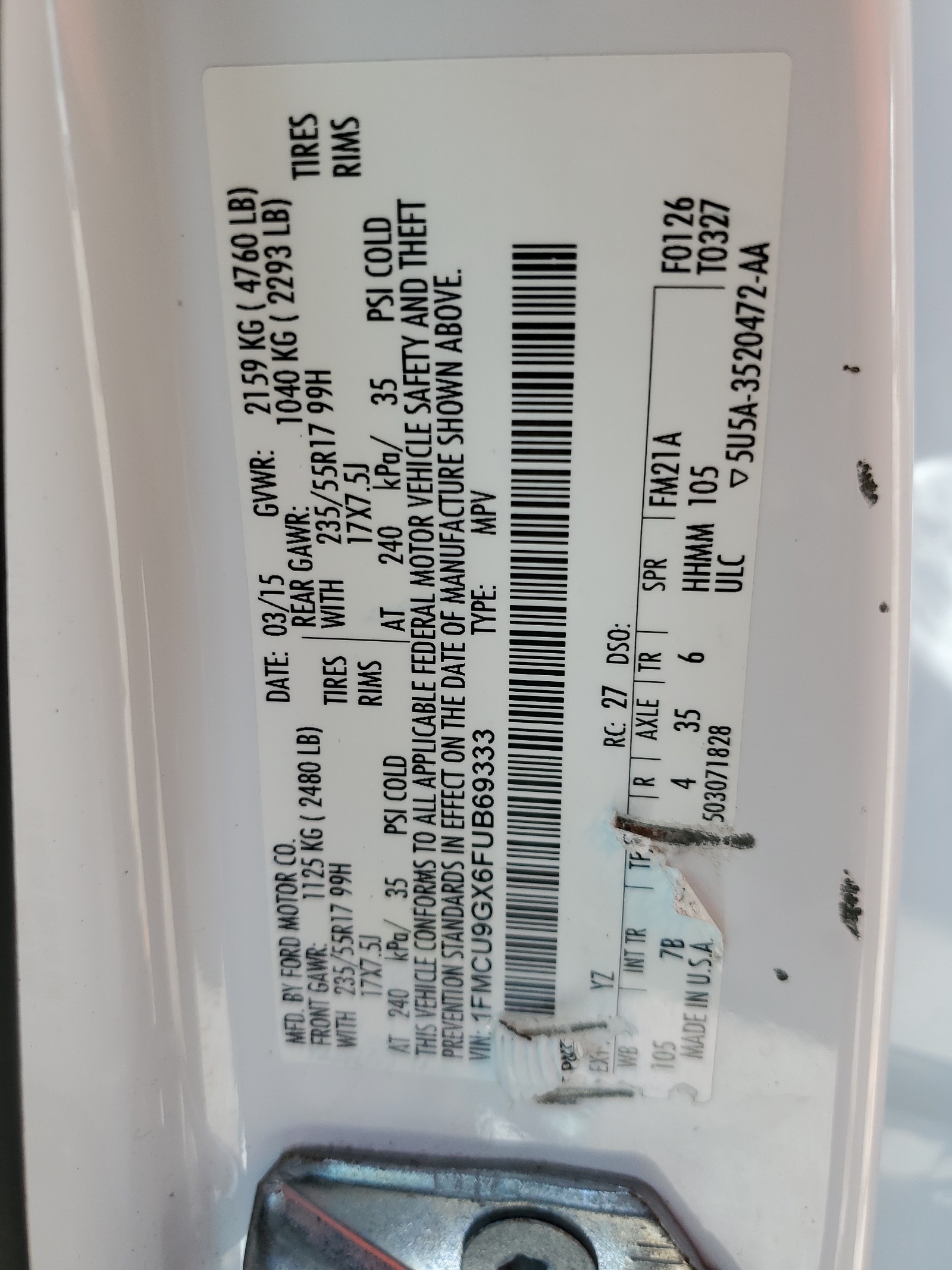 1FMCU9GX6FUB69333 2015 Ford Escape Se