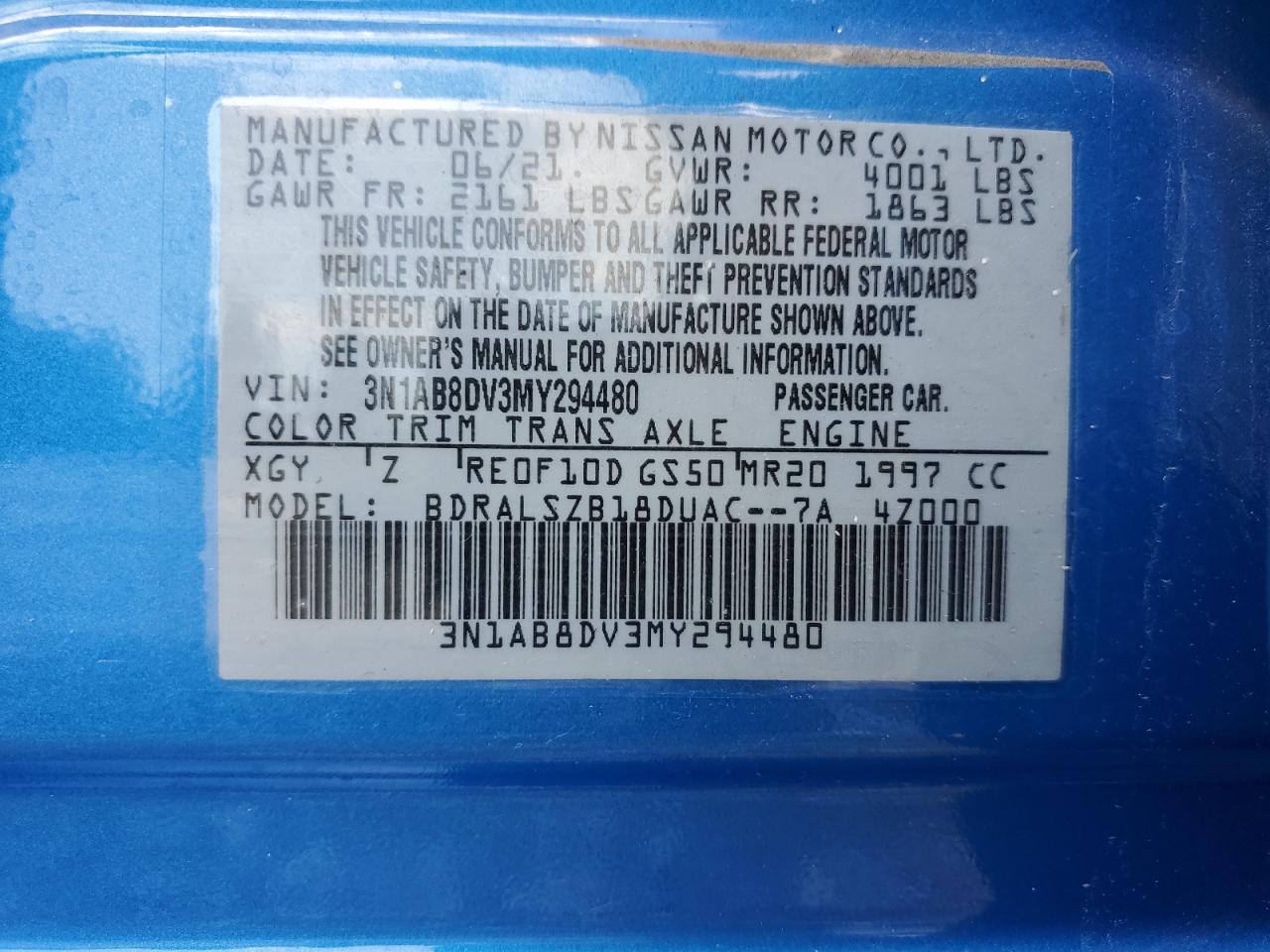 2021 Nissan Sentra Sr VIN: 3N1AB8DV3MY294480 Lot: 62404924