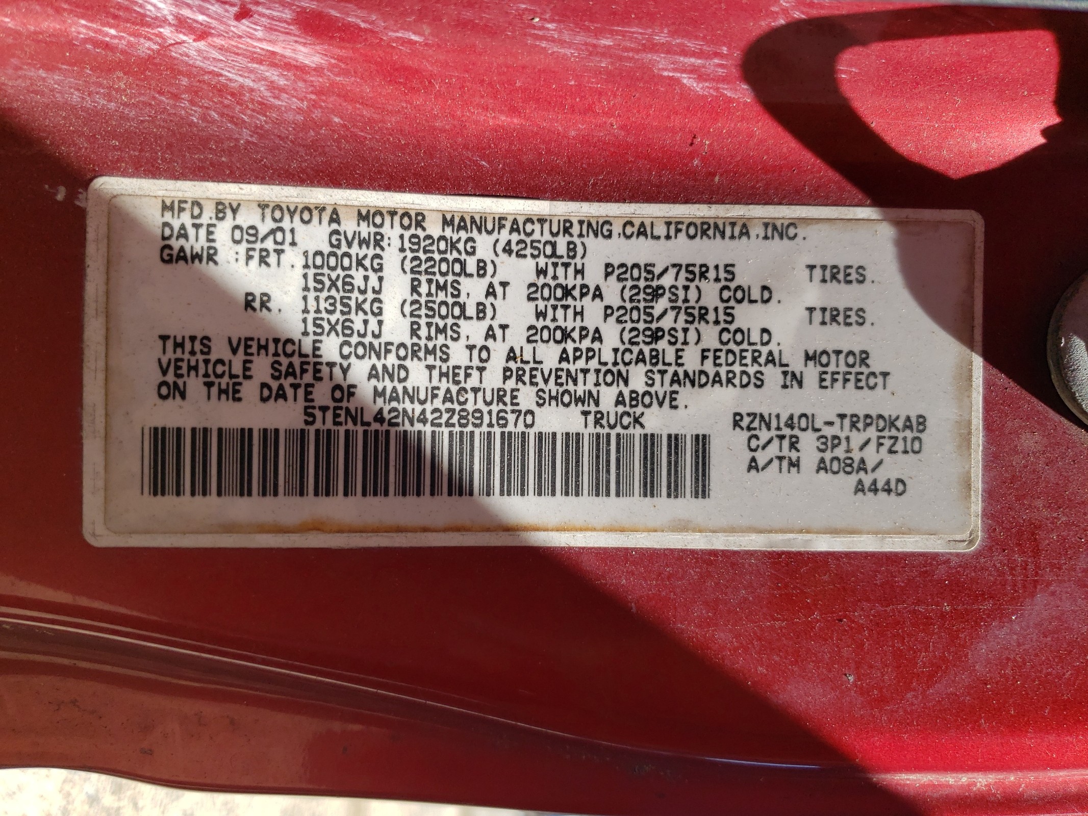 5TENL42N42Z891670 2002 Toyota Tacoma