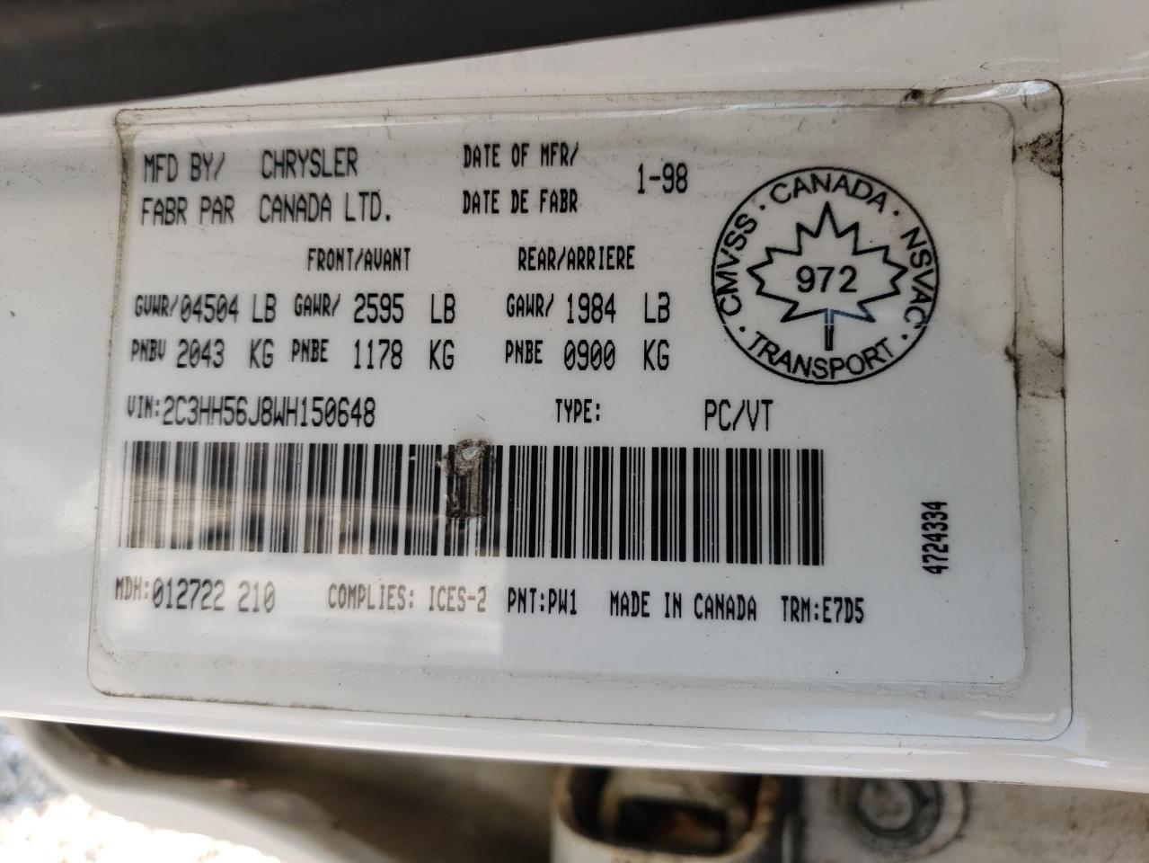 1998 Chrysler Intrepid Es VIN: 2C3HH56J8WH150648 Lot: 63929304