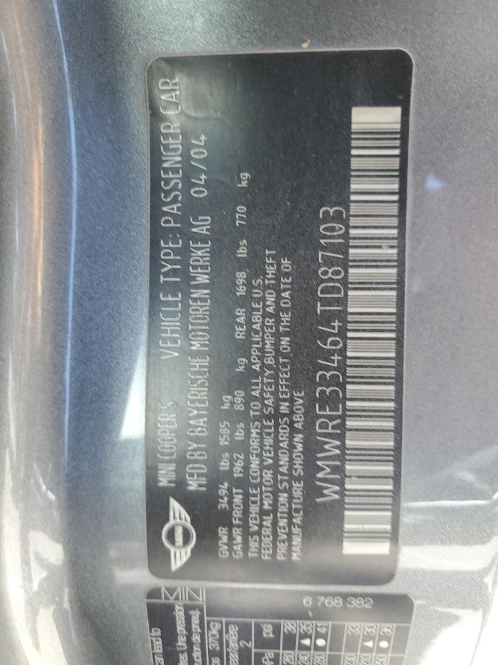 2004 Mini Cooper S VIN: WMWRE33464TD87103 Lot: 62461394