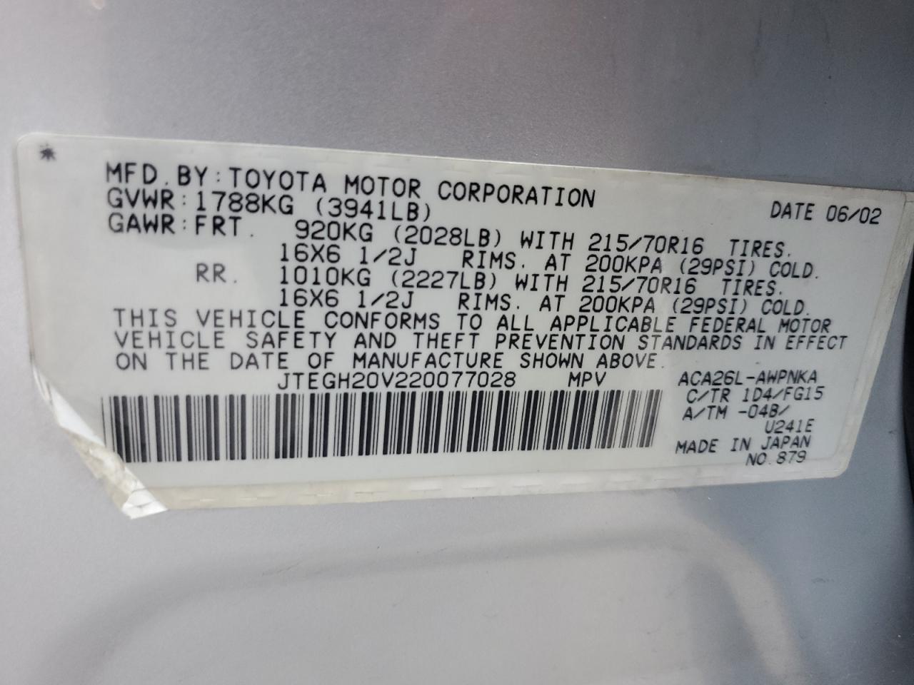 2002 Toyota Rav4 VIN: JTEGH20V220077028 Lot: 64251084