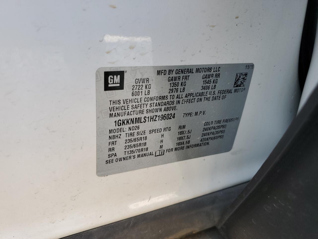 1GKKNMLS1HZ196024 2017 GMC Acadia Slt-1