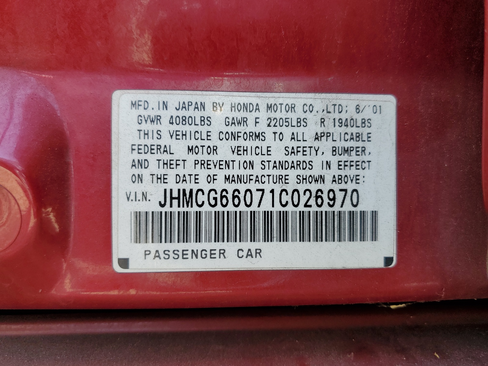 JHMCG66071C026970 2001 Honda Accord Ex