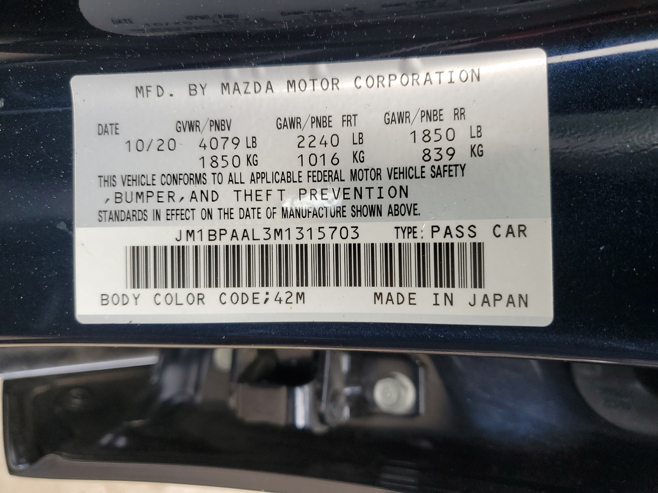 JM1BPAAL3M1315703 2021 Mazda 3