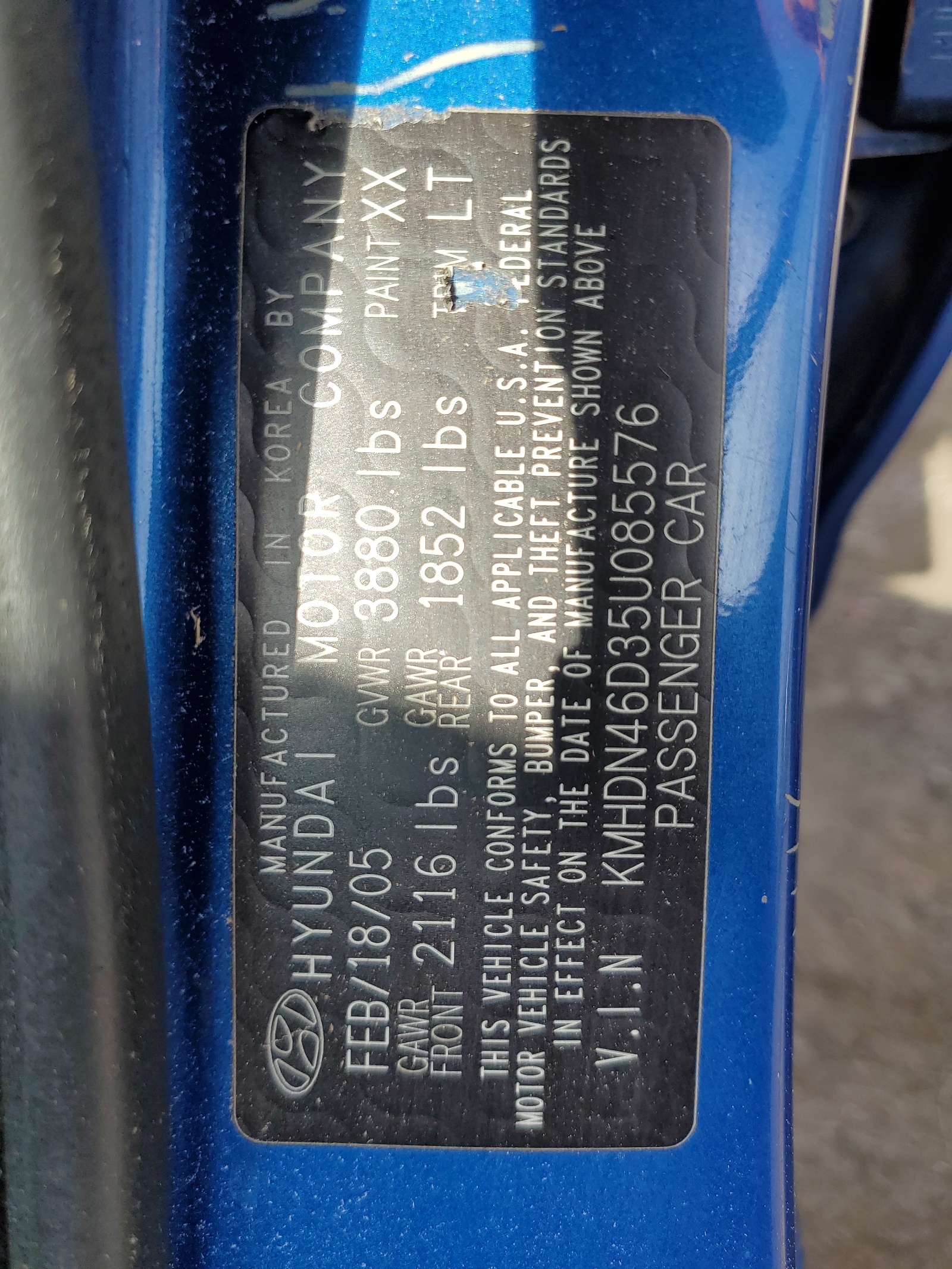 KMHDN46D35U085576 2005 Hyundai Elantra Gls