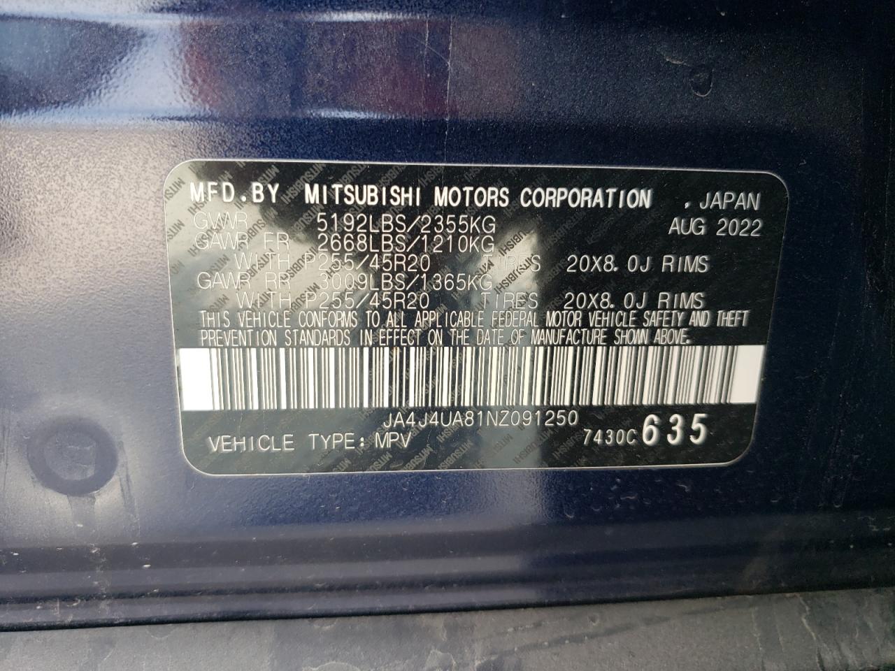 2022 Mitsubishi Outlander Se VIN: JA4J4UA81NZ091250 Lot: 63519064