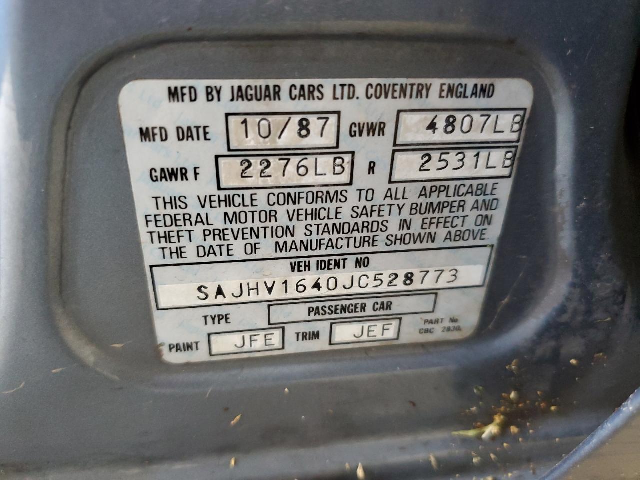 1988 Jaguar Xj6 VIN: SAJHV1640JC528773 Lot: 63684974