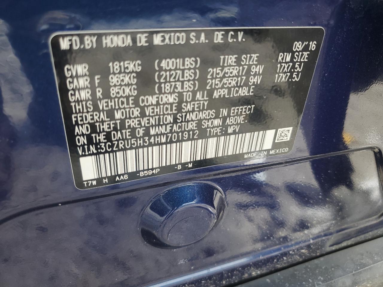 2017 Honda Hr-V Lx VIN: 3CZRU5H34HM701912 Lot: 65341364