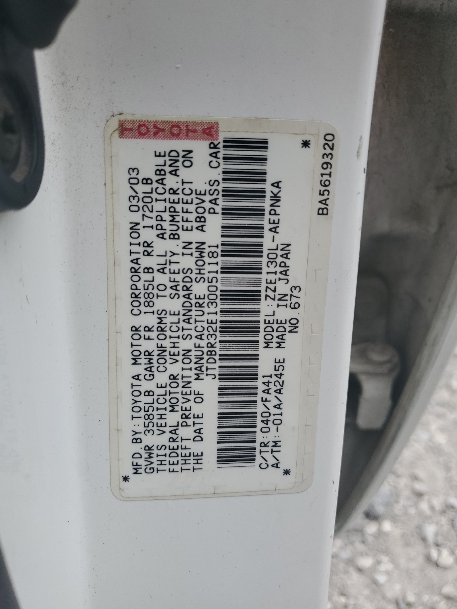 JTDBR32E130051181 2003 Toyota Corolla Ce