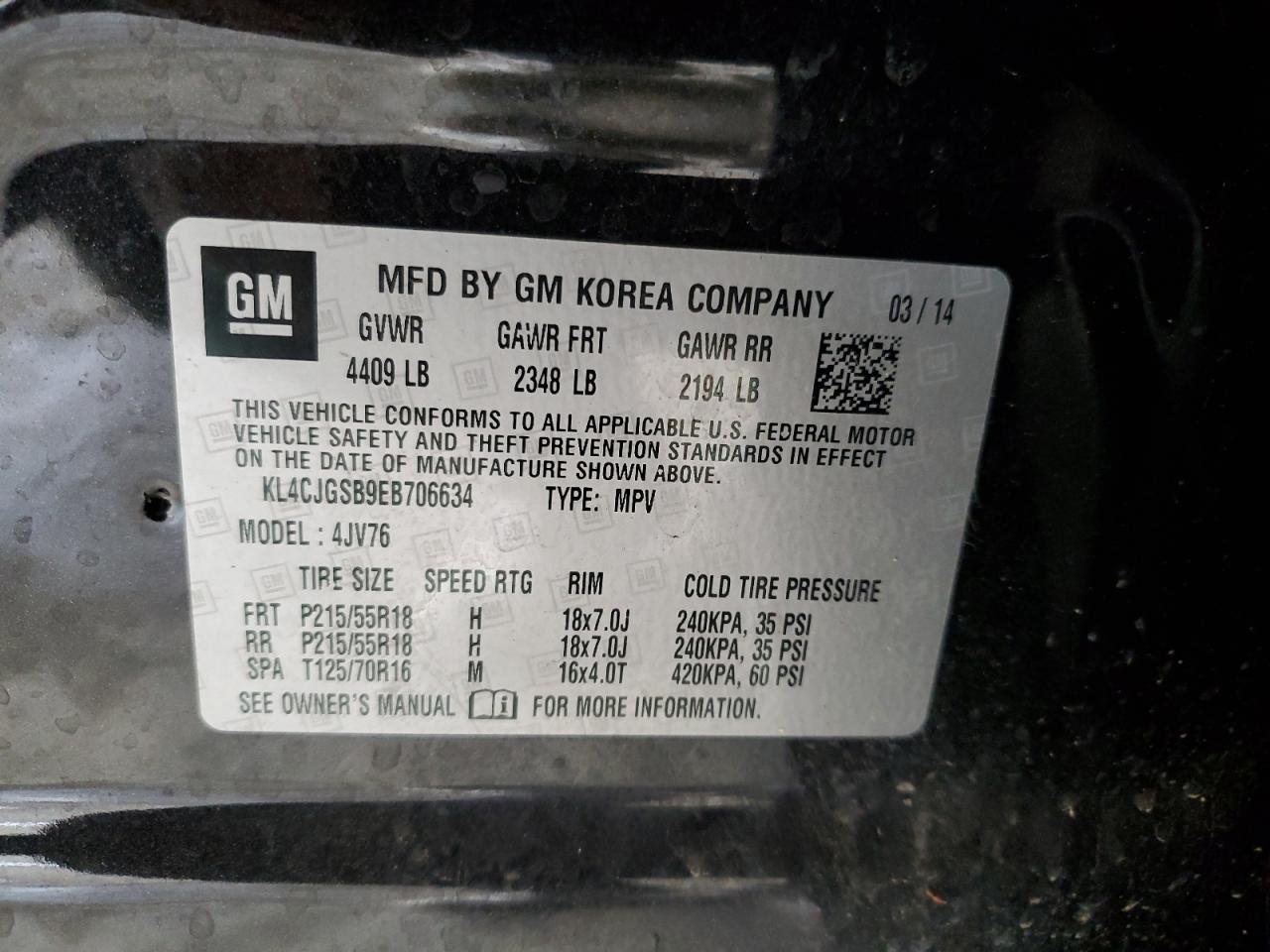 2014 Buick Encore VIN: KL4CJGSB9EB706634 Lot: 64257284