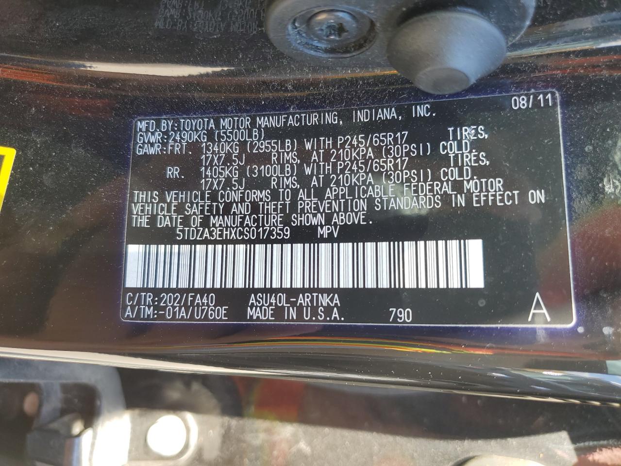 2012 Toyota Highlander Base VIN: 5TDZA3EHXCS017359 Lot: 63712084