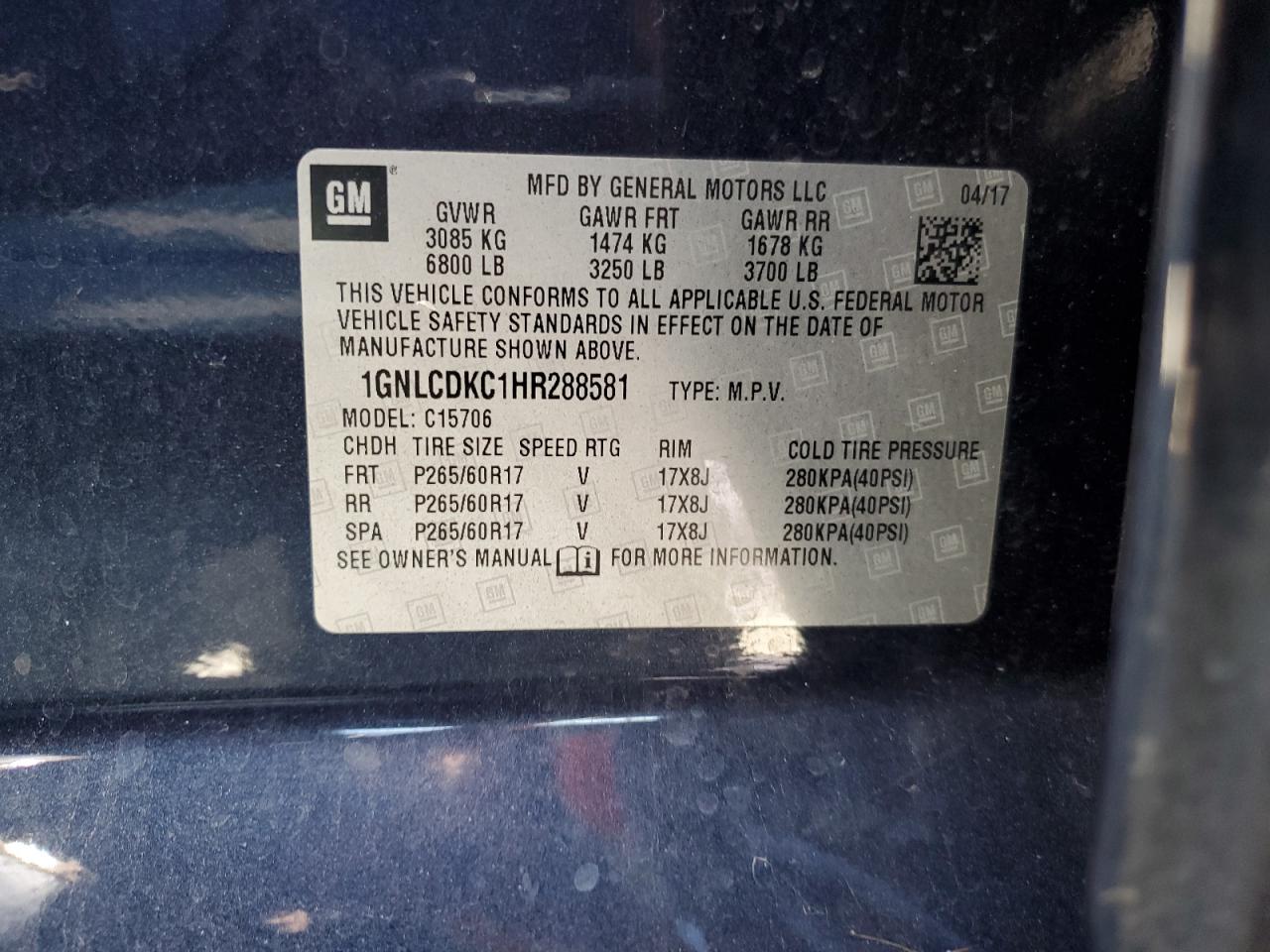 2017 Chevrolet Tahoe Police VIN: 1GNLCDKC1HR288581 Lot: 63842354